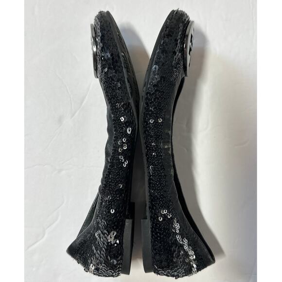 Tory Burch Black Leather Sparkle Sequin Logo Ballet Flats Size 6.5 - Picture 7 of 9